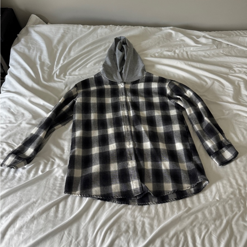 SHEIN Petite Black & White Plaid Hooded Flannel Shacket S